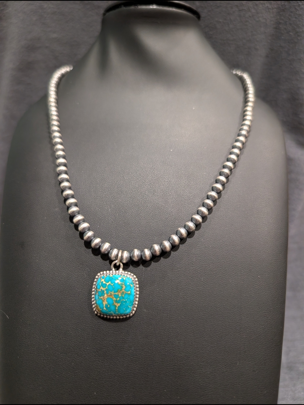 Sterling Bead Necklace with Turquoise Pendant